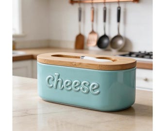 Scatola per formaggi in ceramica personalizzabile con coperchio in bambù e coltello / Contenitore ermetico per alimenti da frigorifero