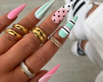 Pastel Stripe Polka Dot Press on Nails | Mint Green Pink Color Block False Nails