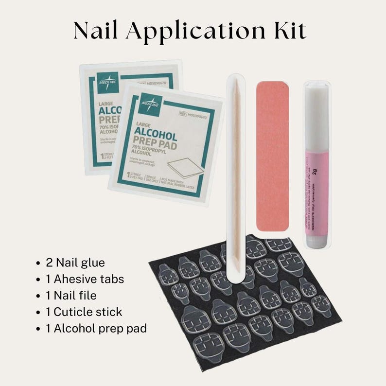 May include: A nail application kit with the text "Nail Application Kit". The kit includes nail glue, adhesive tabs, a nail file, a cuticle stick, and alcohol prep pads. The kit also includes a bottle of nail glue.