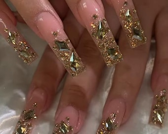 Hand-Painted Press On Nails – 3D Bow, Rhinestone French Tip