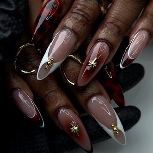 Tortoise Shell Press on Nails | White French Tip Fake Nails | Gold Star Glue on Nails | Long Stiletto Luxury Celestial Handmade Nails