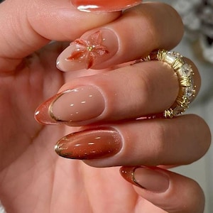 Copper Cat Eye Almond Press on Nails | 3D Flower French Tip Fall Set