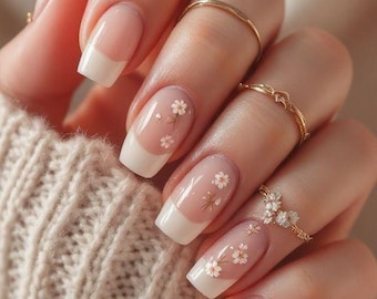 White French Tip Press-On Nails | Square Floral Dainty Daisy Spring Wedding