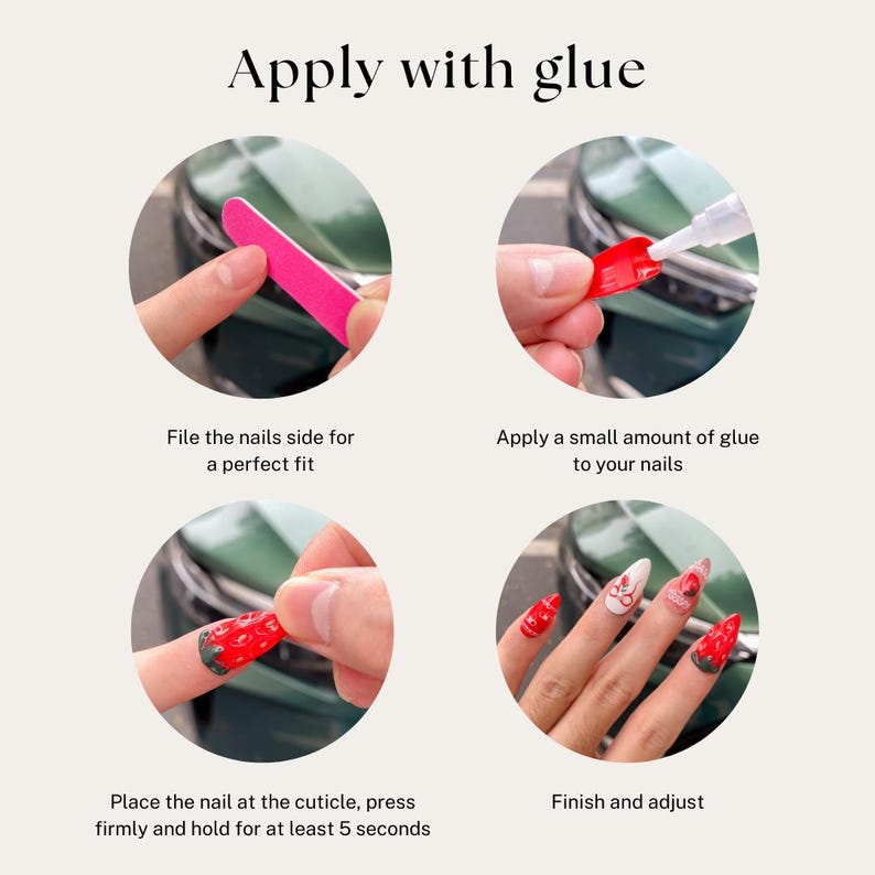 May include: A step-by-step guide for applying artificial nails. The image shows four circular illustrations with instructions: filing the nails, applying glue, placing the nail, and finishing. Text reads "Apply with glue".