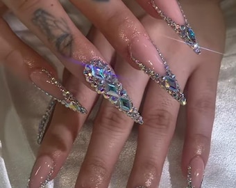Rhinestone Stiletto Press On Nails | Bling Crystal V-Tip, Y2K Baddie
