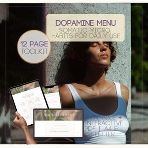 May include: A 12-page digital toolkit titled Dopamine Menu Somatic Micro Habits for Daily Use. The set includes printable and interactive PDF files in A4 and US Letter sizes, displayed on a tablet, smartphone, and computer screen.