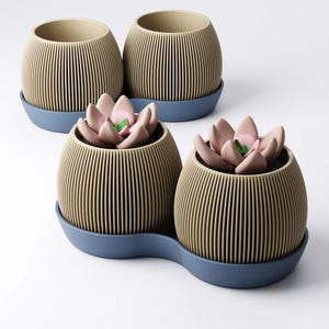 May include: Four beige ribbed planters with blue saucers. Two planters contain pink and green artificial succulents. The planters have a modern design and are suitable for indoor or outdoor use.