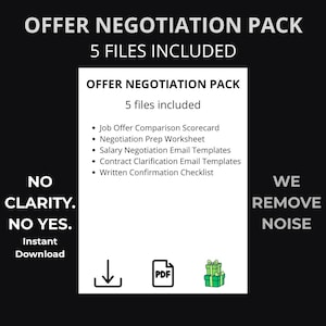 Può includere: Un prodotto digitale intitolato "Pacchetto di negoziazione dell'offerta" con il testo "5 file inclusi". Il prodotto include una scheda di valutazione comparativa delle offerte di lavoro, un foglio di lavoro per la preparazione alla negoziazione, modelli di e-mail di negoziazione salariale.