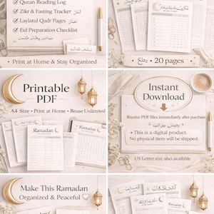 Puede incluir: Un planificador digital del Ramadán con 20 páginas, que incluye un planificador diario, un rastreador de Salah y un registro de lectura del Corán. El PDF imprimible es de tamaño A4 y se puede imprimir en casa. El diseño es minimalista, bonito y funcional.