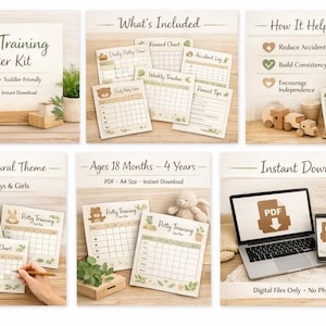 Könnte beinhalten: Ein Potty Training Starter Kit mit einem neutralen, natürlichen Thema. Das Kit enthält druckbare PDF-Diagramme, eine Belohnungstabelle und einen Wochen-Tracker. Das Bild zeigt auch einen Laptop und ein Telefon, auf dem der PDF-Download angezeigt wird.