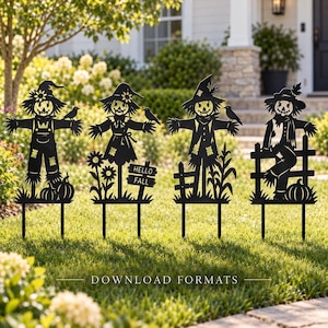 May include: Four black metal garden stakes featuring scarecrow silhouettes. Each design includes a scarecrow with a hat, a bird, and autumn elements like pumpkins, sunflowers, or a fence. One stake includes a sign with the text HELLO FALL.