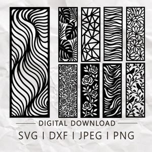 May include: A collection of nine rectangular black and white laser cut panel designs featuring patterns of waves, monstera leaves, geometric shapes, roses, and birds on branches. Text reads DIGITAL DOWNLOAD SVG | DXF | JPEG | PNG.
