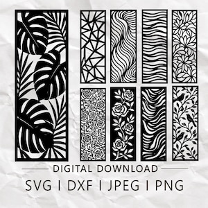 May include: A collection of nine rectangular black laser cut panels featuring various patterns including monstera leaves, geometric shapes, wavy lines, floral designs, and birds on branches. The text reads DIGITAL DOWNLOAD SVG | DXF | JPEG | PNG.