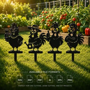 May include: Four black metal chicken silhouettes designed as garden stakes. The first holds a wine glass, the second wears a hat and holds a watering can, the third gives a thumbs up, and the fourth wears a baseball cap with arms crossed.
