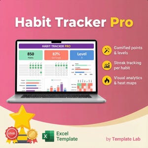 May include: A laptop displays a "Habit Tracker Pro" interface with progress bars, points, and levels. The image includes icons for gamified points, streak tracking, and visual analytics. A gold star and medals are also present, along with the text "Excel Template".