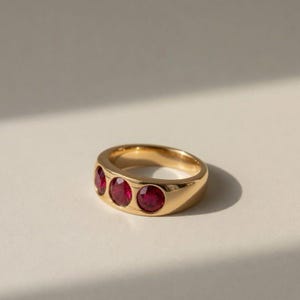 Könnte beinhalten: Ein goldener Bandring mit drei runden, leuchtend roten Edelsteinen, die horizontal in einer Reihe angeordnet sind. Das Metall hat eine polierte, reflektierende Oberfläche und die Steine sind bündig in das Band eingelassen.