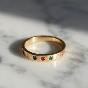 14k Gold Multi Gemstone Eternity Band Ring, Sapphire Ruby Emerald Diamond, Stacking Ring