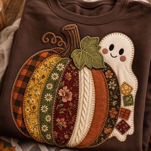 Pumpkin Ghost Patchwork PNG, 300 DPI Transparent Background Vintage-Inspired Halloween Digital Download