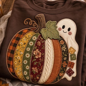May include: A dark brown sweatshirt featuring a large, central applique of a pumpkin and a ghost. The pumpkin is composed of various fabric segments with plaid, floral, and cable-knit patterns. A small white ghost with black eyes sits beside it.