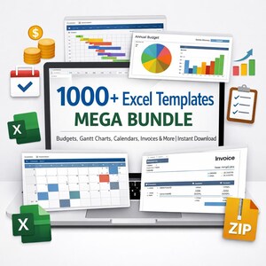 Op de afbeelding: Een laptop met verschillende Excel-sjablonen, waaronder Gantt-diagrammen, agenda's en facturen. Het scherm toont de tekst "1000+ Excel Templates MEGA BUNDLE". Extra pictogrammen zijn een kalender, een stapel munten en een ZIP-bestand.