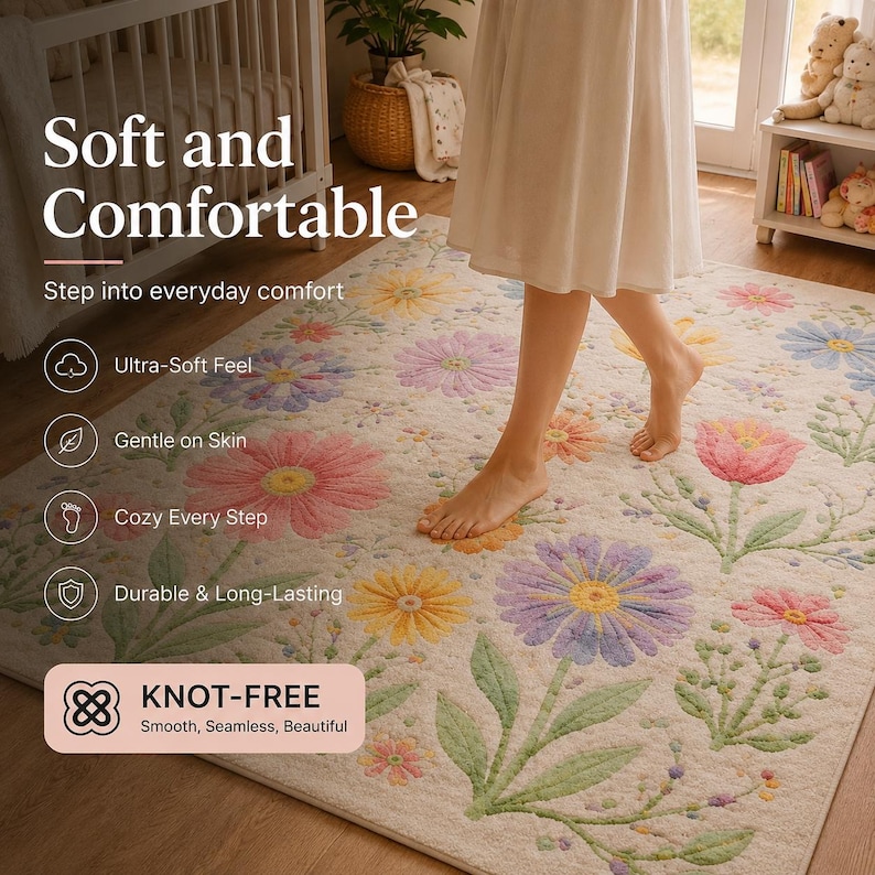 Botanical kids room rug featuring colorful garden flowers and soft plush texture