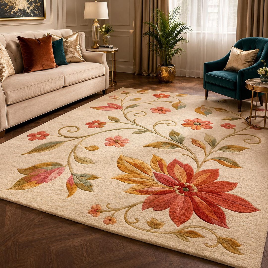 Hand-tufted Cream Botanical Wool Area Rug | Elegant Floral Living Room ...