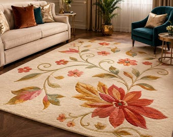 Hand-Tufted Cream Botanical Wool Area Rug | Elegant Floral Living Room Carpet
