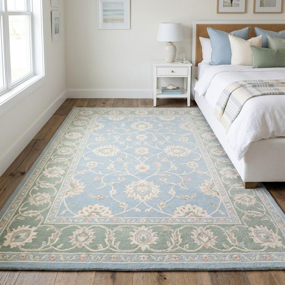 Hand Tufted Rug | Traditional Blue Floral Area Carpet | Vintage Style ...