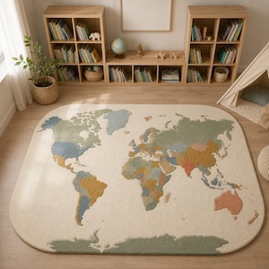 Puede incluir: Una alfombra ovalada con un diseño de mapa mundial en tonos apagados de verde salvia, azul polvoriento y terracota sobre un fondo color crema. Los continentes están texturizados y elevados, representando las masas terrestres sobre un suelo claro.