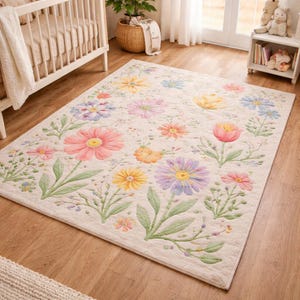 Botanical kids room rug featuring colorful garden flowers and soft plush texture