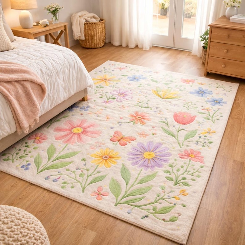 Botanical kids room rug featuring colorful garden flowers and soft plush texture