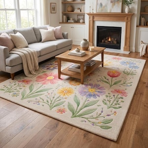 Botanical kids room rug featuring colorful garden flowers and soft plush texture