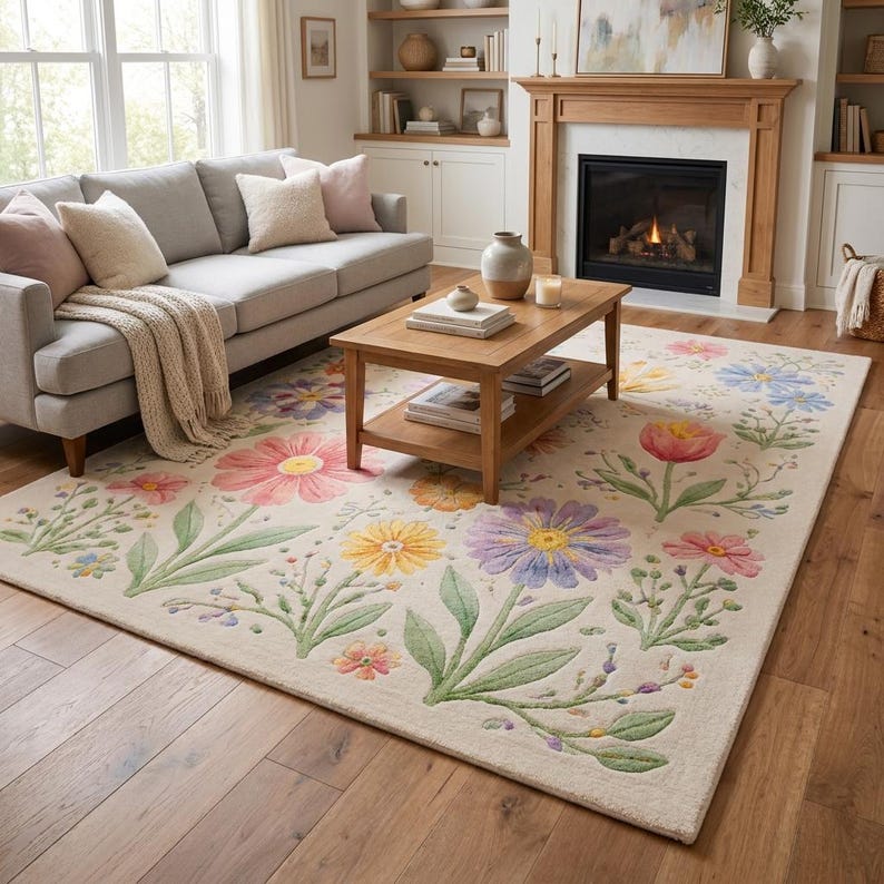 Botanical kids room rug featuring colorful garden flowers and soft plush texture