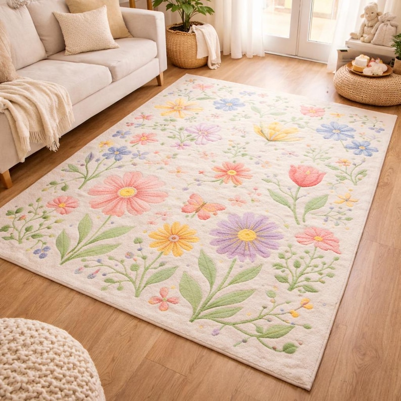 Botanical kids room rug featuring colorful garden flowers and soft plush texture