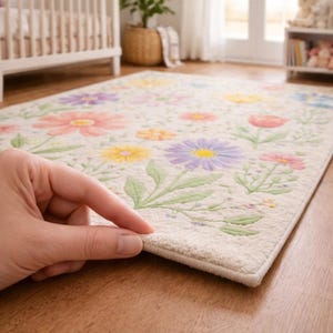 Botanical kids room rug featuring colorful garden flowers and soft plush texture