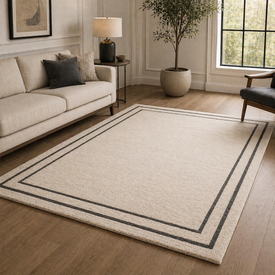Hand Tufted Area Rug: Neutral Border Design, Living Room Floor Decor ...