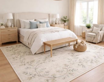 Botanical Floral Hand Tufted Rug | Vintage Inspired Wool Area Rug | Elegant Nature Home Decor.