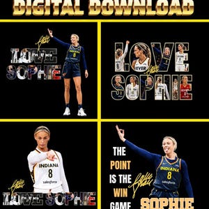 Può includere: Una grafica in download digitale con la cestista Lexie Hull in divisa Indiana Fever. Il collage include foto dell'atleta, il testo LOVE SOPHIE, THE POINT IS THE WIN GAME e una firma dorata su uno sfondo di colore nero.