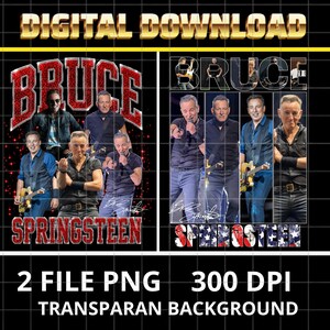 May include: A digital download graphic featuring Bruce Springsteen. The left side shows a collage of the musician with red glitter text. The right side displays four vertical panels of the musician performing with American flag themed text below.