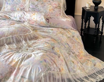 Pastel Floral Cotton Duvet Cover Set, Vintage Ruffled Lace Bedding, Romantic Cottagecore Style