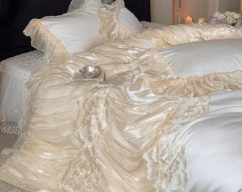 Luxus-Silk Rüschenbettbezug-Set, burgunder-cremefarbene Spitzenbesatz-Bettwäsche