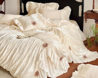 Juego de ropa de cama de algodón con volantes Victorian Rose, funda nórdica estilo princesa shabby chic