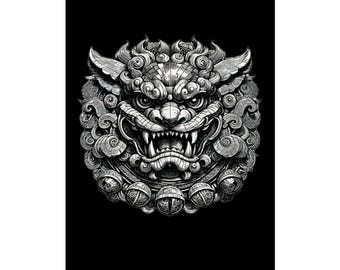 Guardian Lion Mask poster | Foo Dog Art Print, Asian Mythology Wall Decor