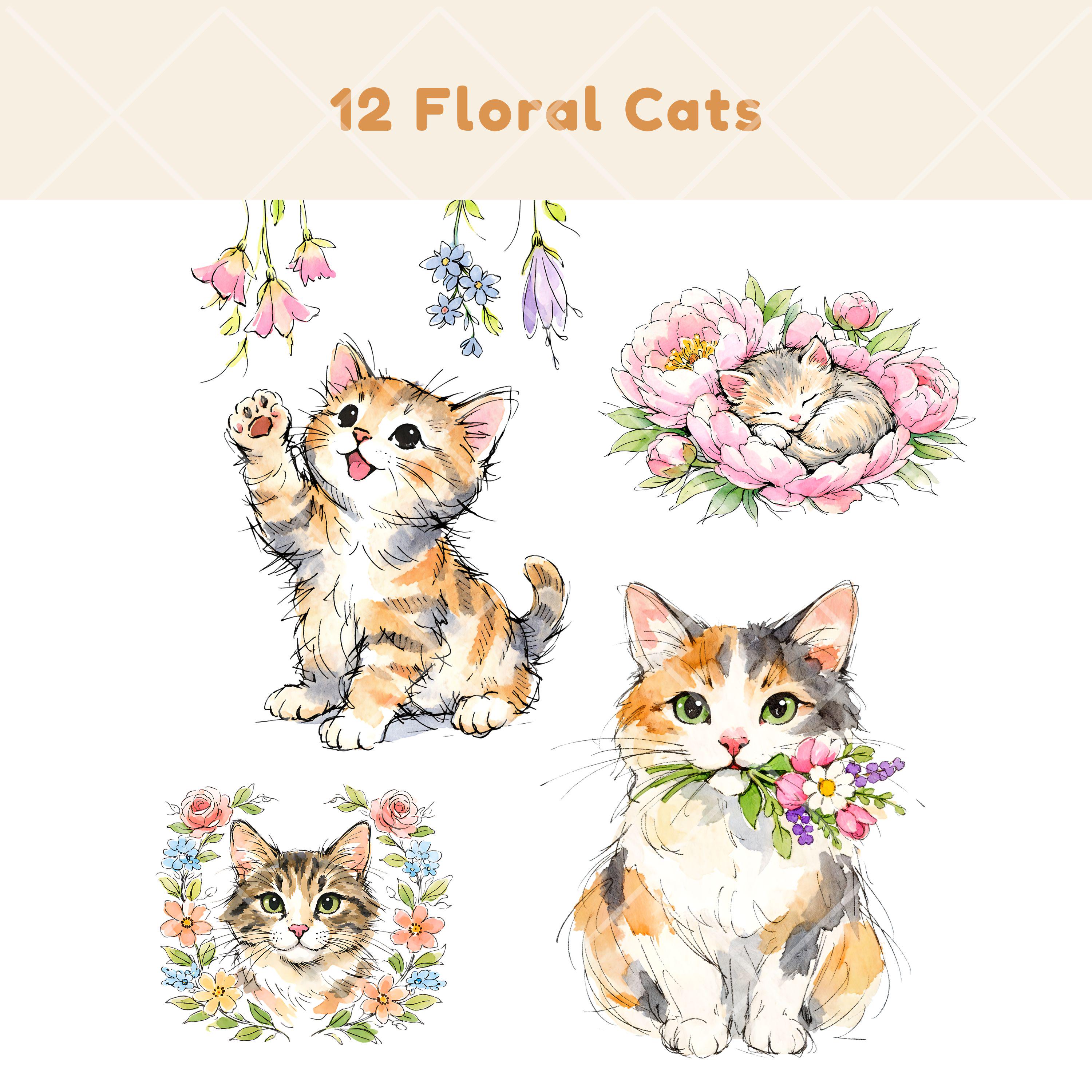 Watercolor Floral Cat Clipart Bundle, Cute Kitty PNG Graphics, Spring ...