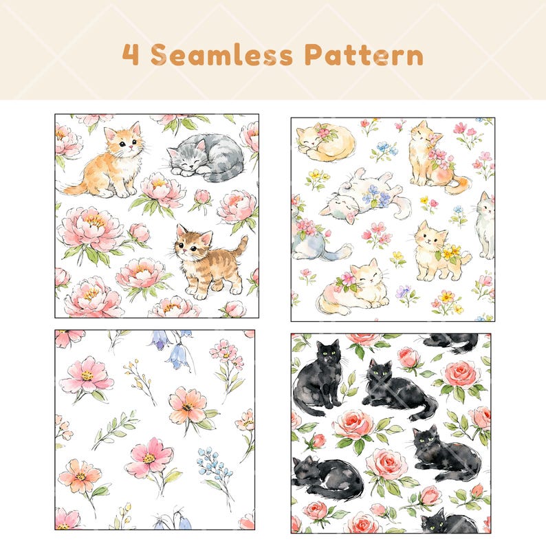 Watercolor Floral Cat Clipart Bundle, Cute Kitty PNG Graphics, Spring ...