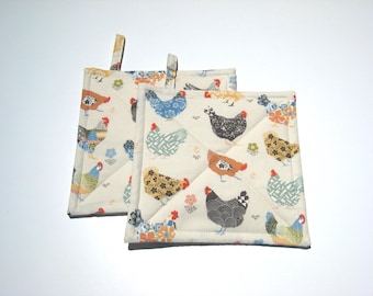 Calico Chickens Potholders, Yellow, Blue, Gray Quilted Hot Pads, USA Hand Made Hostess Gift, Stocking Stuffer, Wrapped Ready for Gift Giving