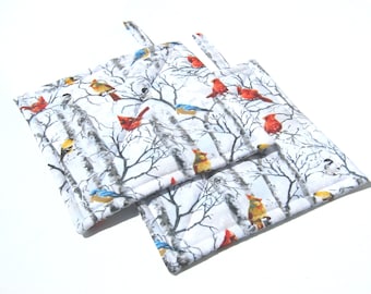 Winter Birds Potholders, Red Cardinals, Goldfinches, Bluebirds, Chickadees Quilted Hot Pads, USA Made Housewarming, Hostess Gift