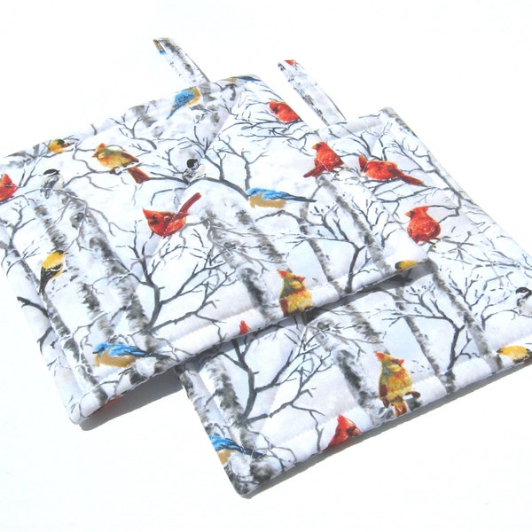 Winter Birds Potholders, Red Cardinals, Goldfinches, Bluebirds, Chickadees Quilted Hot Pads, USA Made Housewarming, Hostess Gift