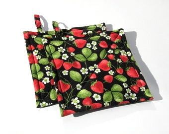 Strawberry Potholders, Red Berries, Leaves & Blossoms on Black, USA Handmade Hot Pads, Stocking Stuffer, Gift Wrapped