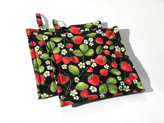 Strawberry Potholders, Red Berries, Leaves & Blossoms on Black, USA Handmade Hot Pads, Stocking Stuffer, Gift Wrapped